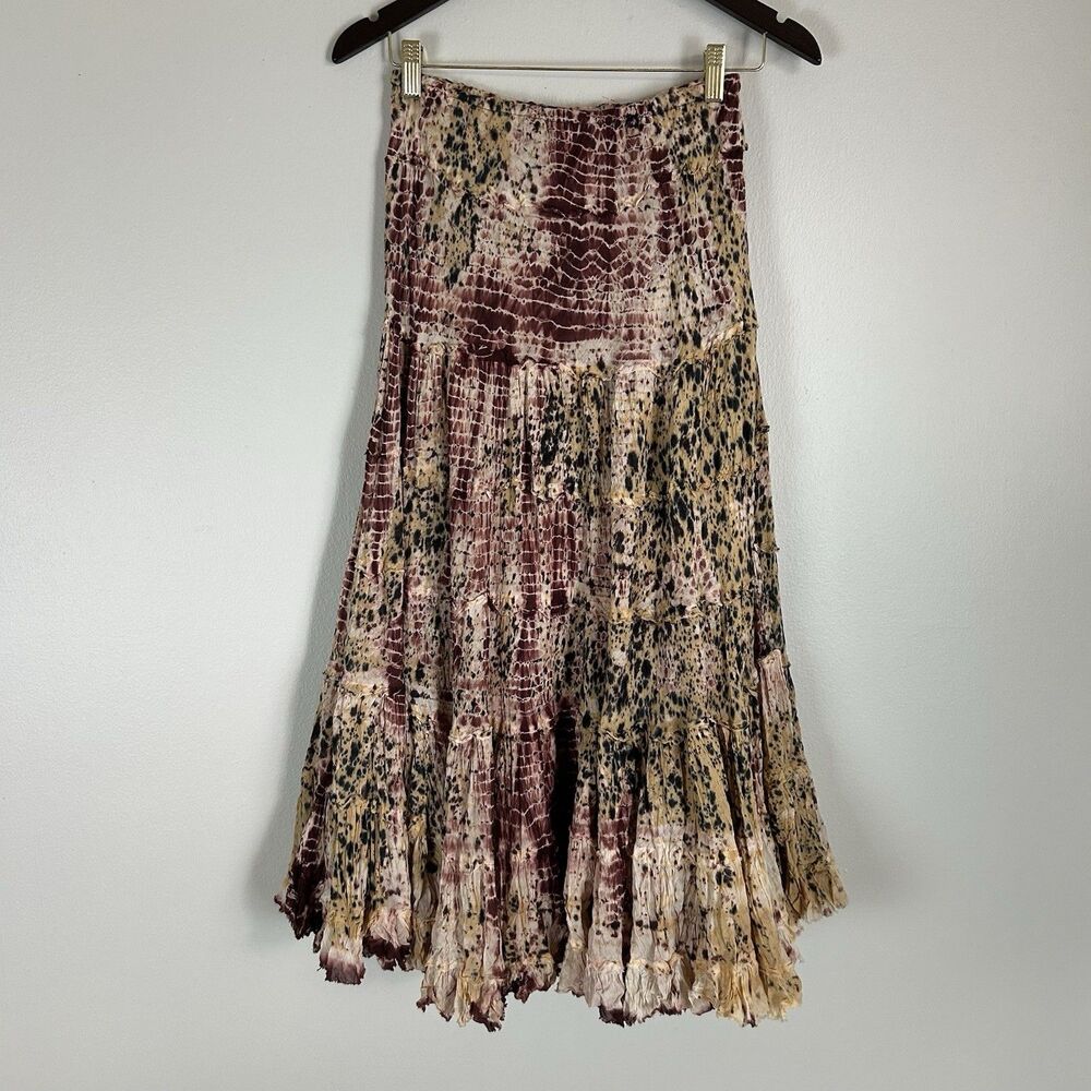 Tie Dye Grunge Midi Skirt Small Tiered Ruffle Raw Hem Fairy Forrest Hippie